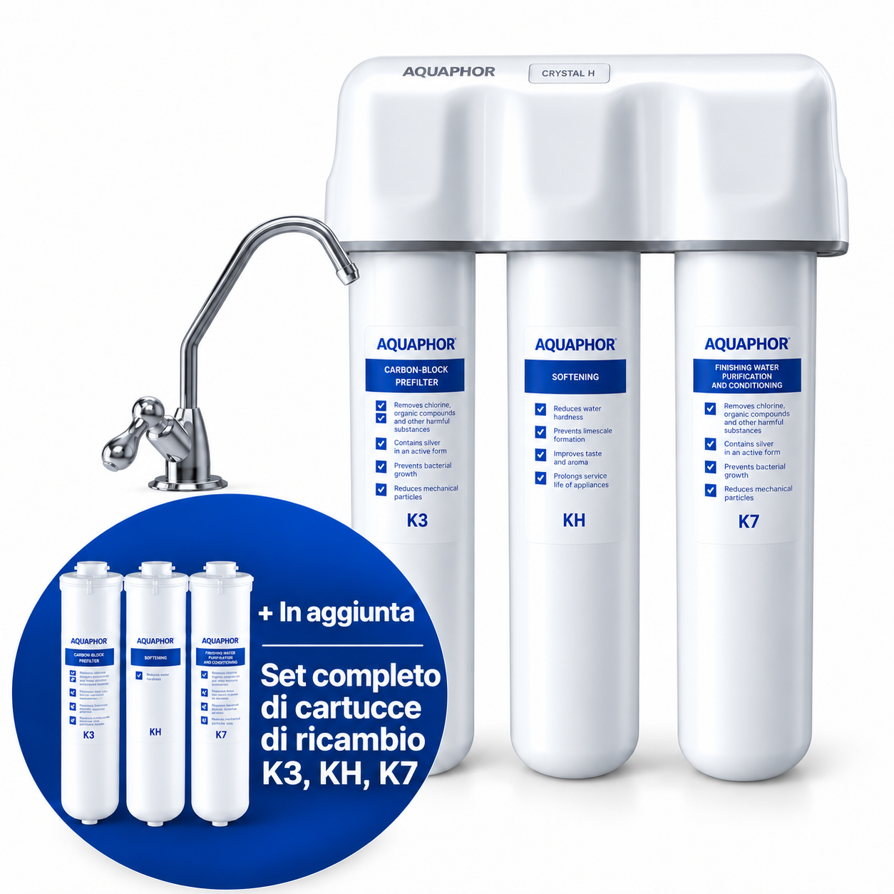 AQUAPHOR Crystal H – Depuratore Acqua Sottolavello Anticalcare con Set Ricambio K3 + KH + K7