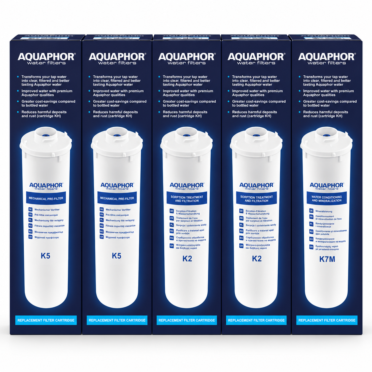 AQUAPHOR K5 ×2 + K2 ×2 + K7M – Kit Annuale: Ricambio a 6 e 12 Mesi per RO-101S e RO-102S