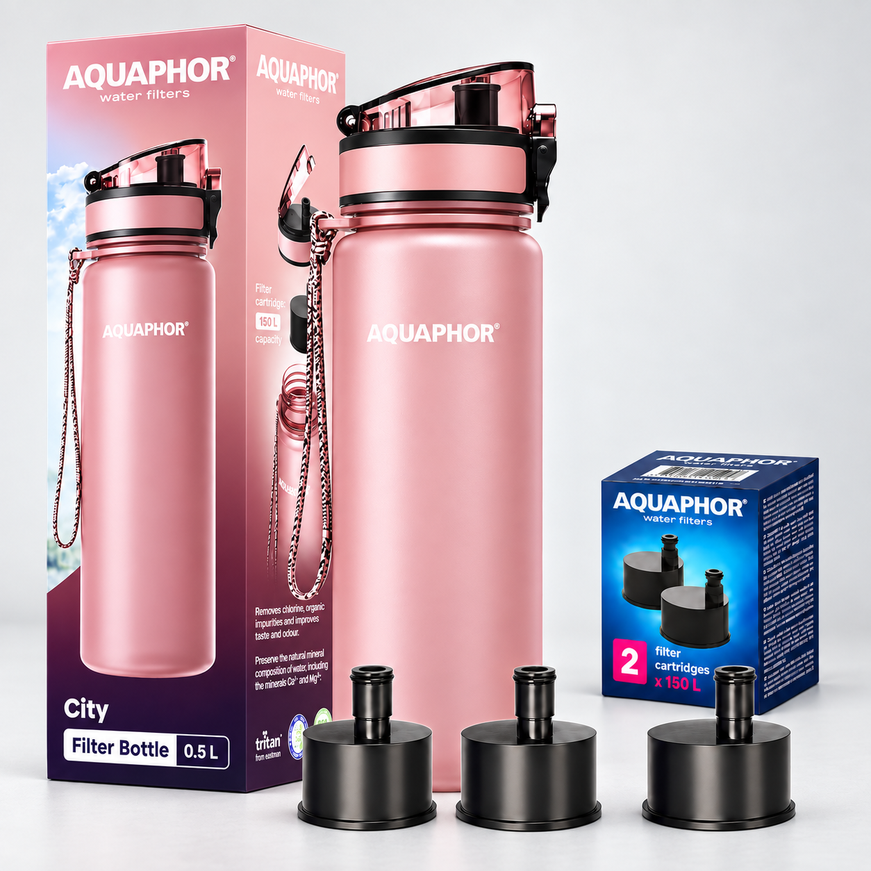 Kit AQUAPHOR City 0,5 L borraccia Filtrante con 3 Cartucce, fino a 450 L