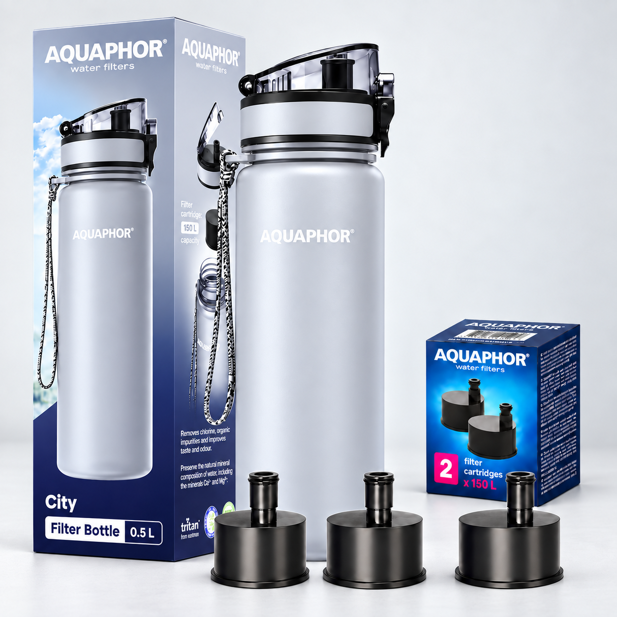 Kit AQUAPHOR City 0,5 L borraccia Filtrante con 3 Cartucce, fino a 450 L