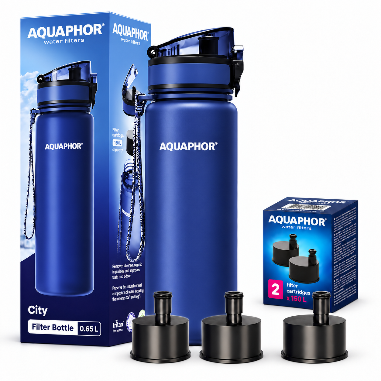 Kit AQUAPHOR City 0,65 L borraccia Filtrante con 3 Cartucce, fino a 450 L