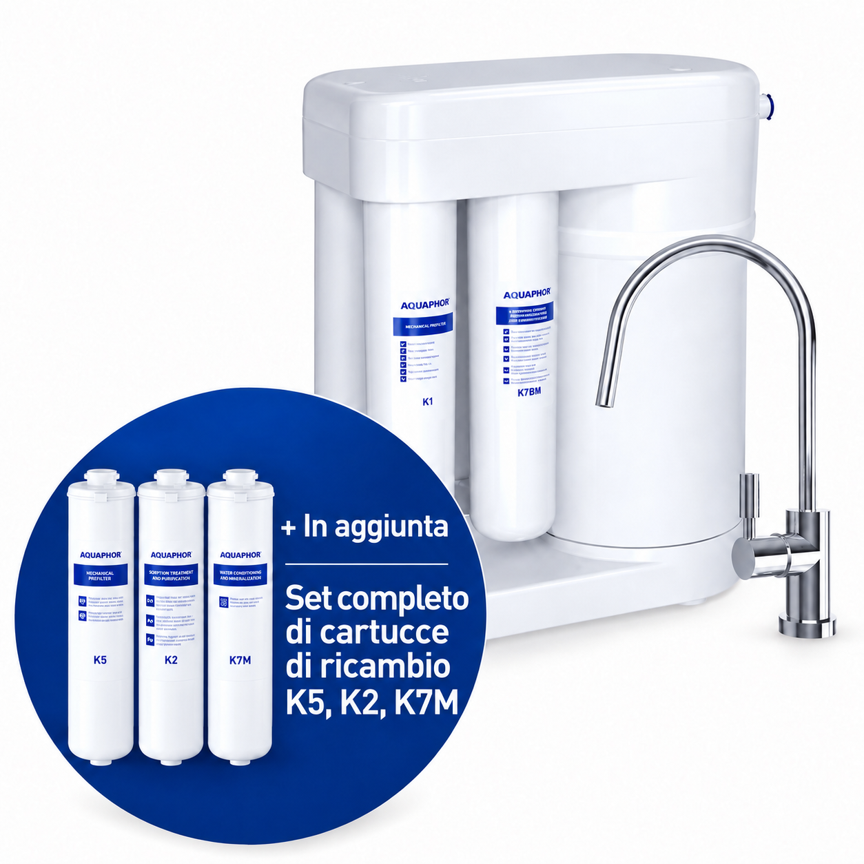 Depuratore AQUAPHOR RO-101S con K5 + K2 + K7M – Sistema a Osmosi Inversa con Kit Ricambio 12 Mesi
