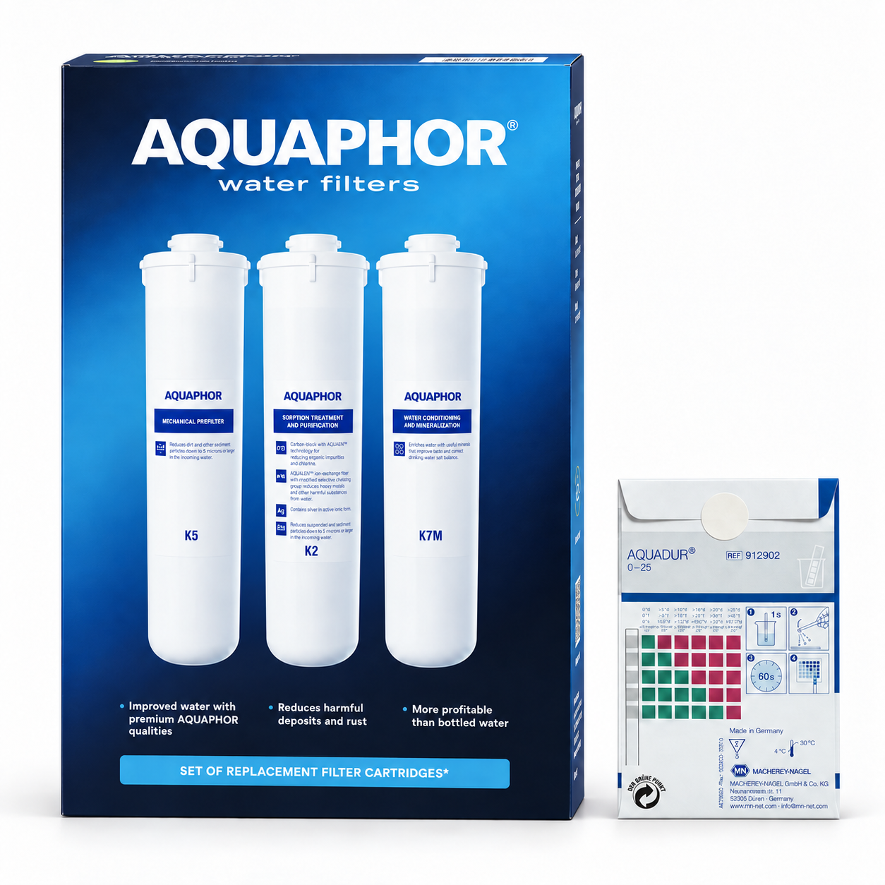AQUAPHOR K5 + K2 + K7M con 3 Test AQUADUR – Kit Ricambio 12 Mesi per RO-101S e RO-102S