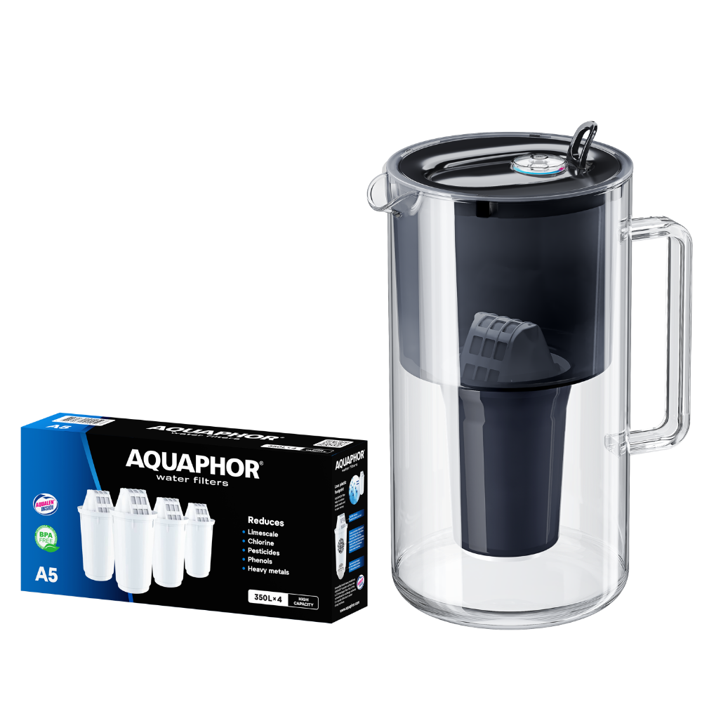 AQUAPHOR Nord Black Glass Filter Jug + 4 A5 cartridges | Filtered water kit up to 1750 L