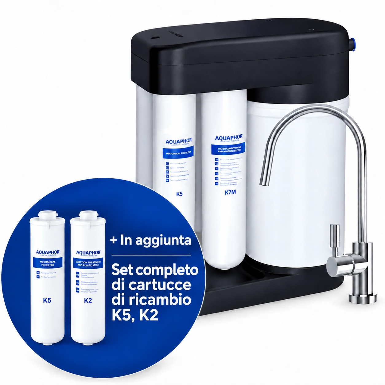 Depuratore AQUAPHOR RO-102S con K5 + K2 – Sistema a Osmosi Inversa con Kit Ricambio 6 Mesi