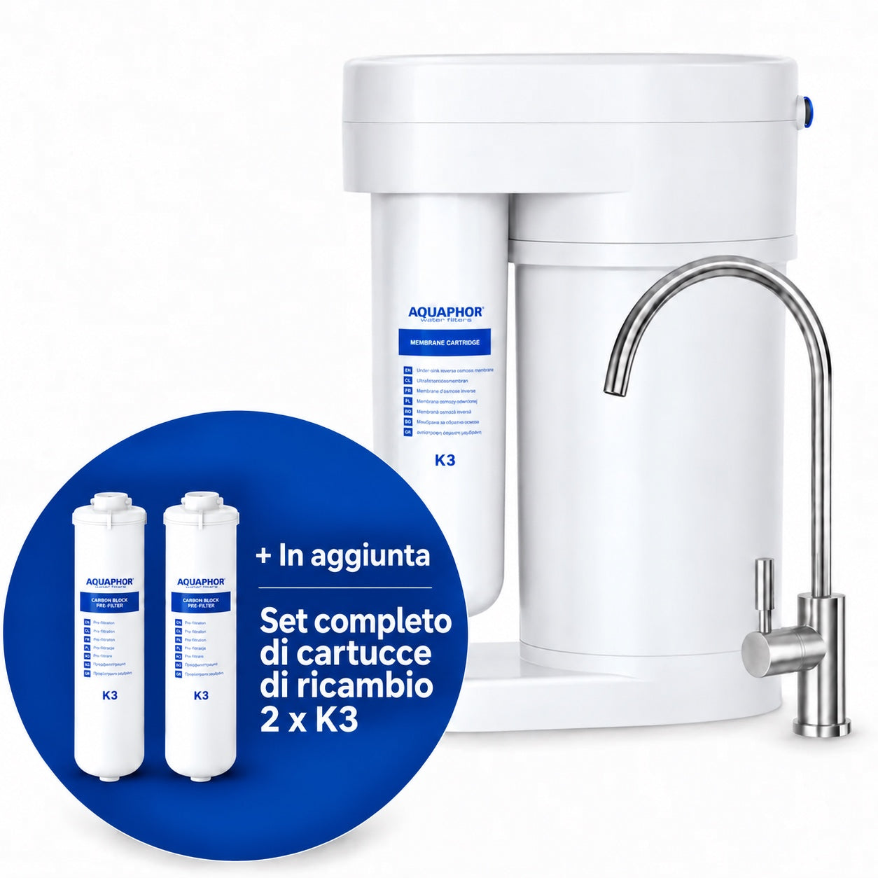 Depuratore AQUAPHOR RO-70S con 2 Cartucce K3 – Sistema a Osmosi Inversa con Kit Ricambio 6 Mesi