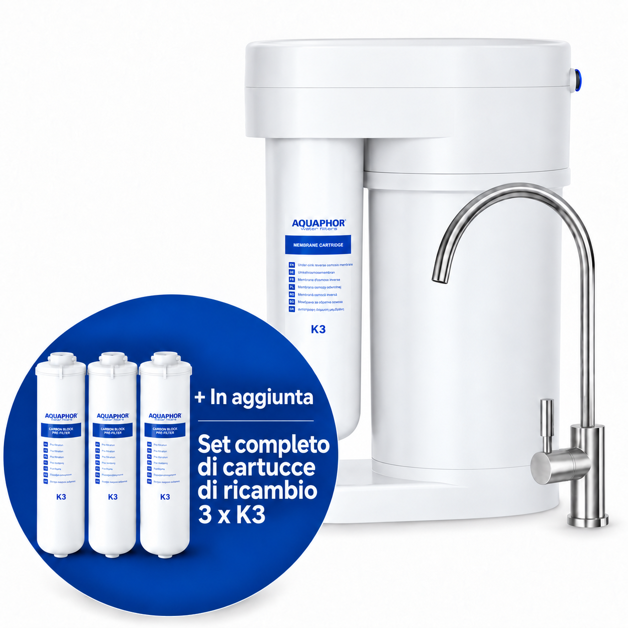 Depuratore AQUAPHOR RO-70S con 3 Cartucce K3 – Sistema a Osmosi Inversa con Kit Ricambio 9 Mesi
