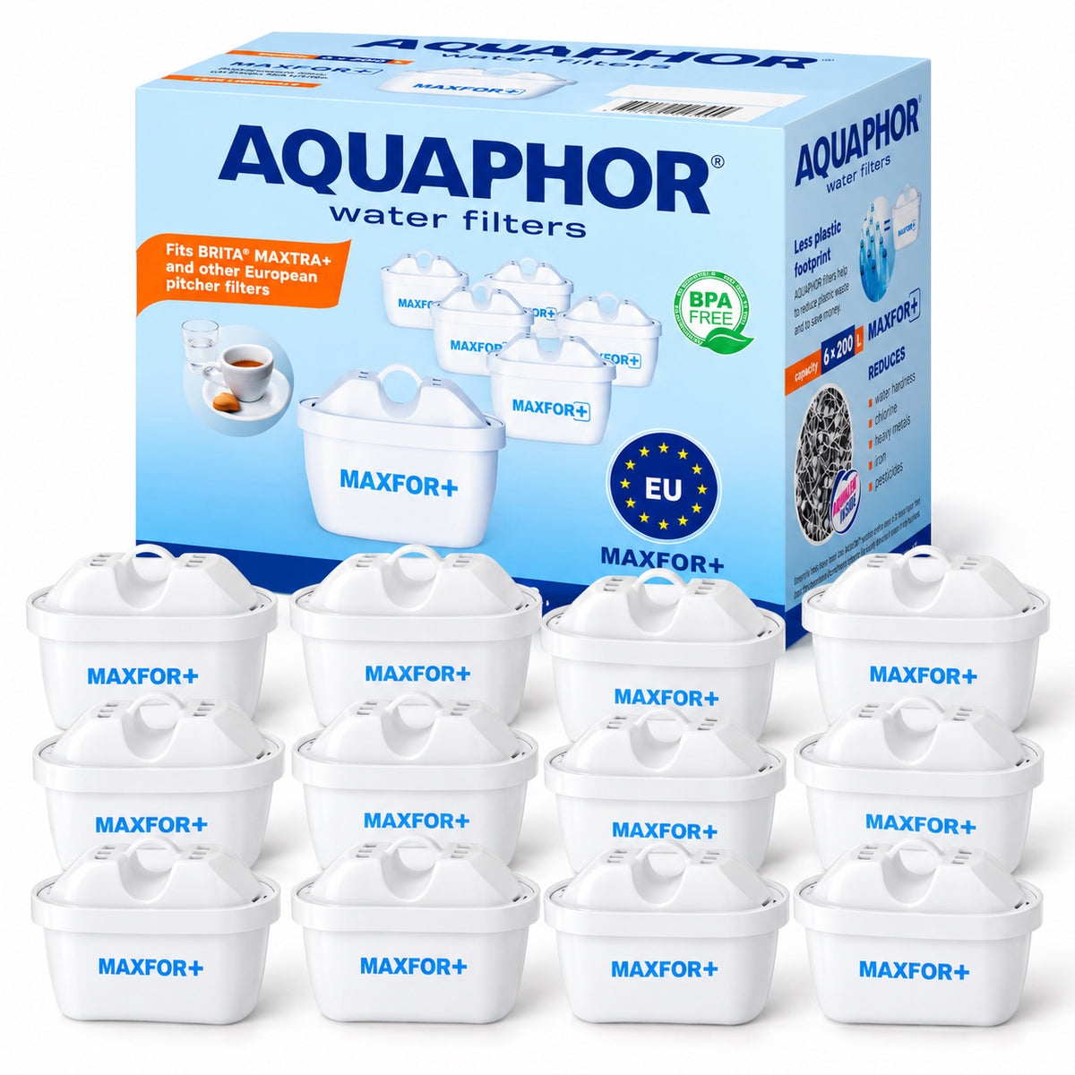 AQUAPHOR MAXFOR+ Cartucce Filtranti Compatibili con Sistemi Tipo BRITA MAXTRA+. Confezione da 12 Pezzi