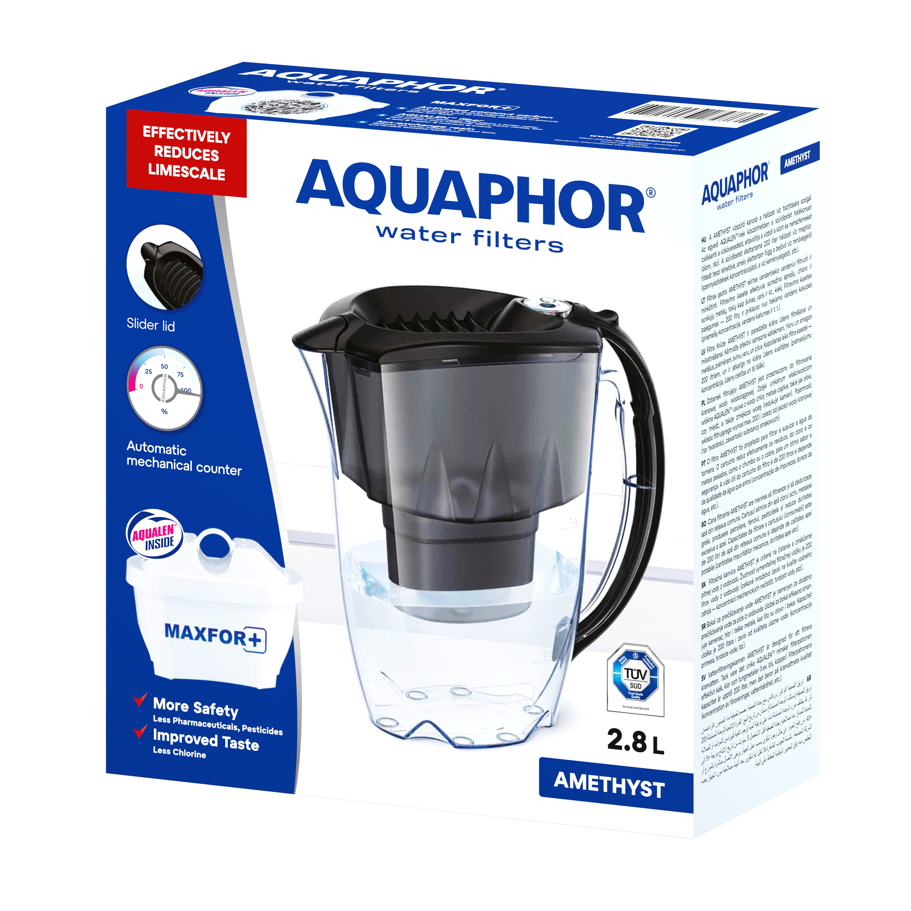 AQUAPHOR Amethyst Maxfor+ Caraffa Filtrante 2,8 L | Coperchio Scorrevole | Contatore Meccanico | 200 L