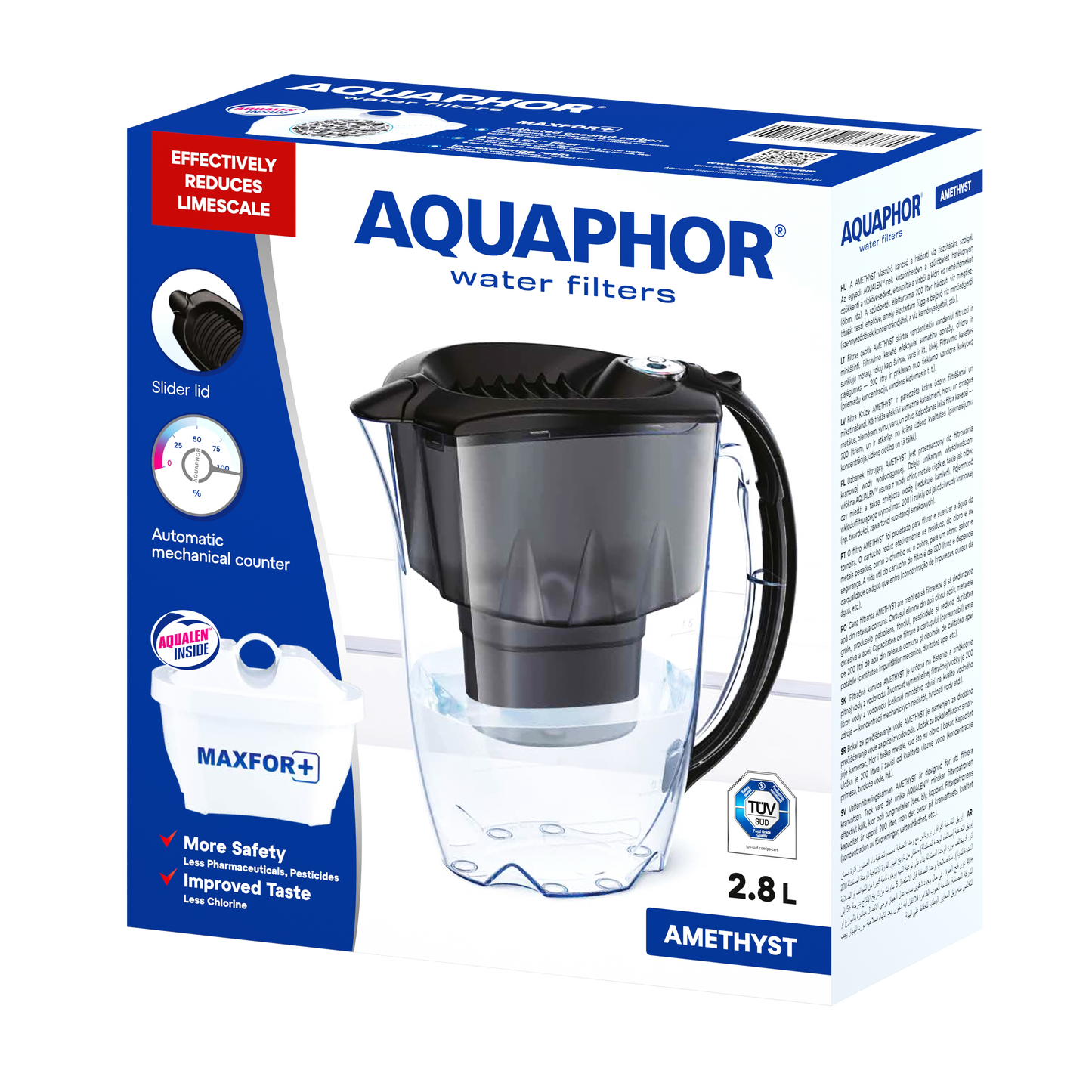 AQUAPHOR Amethyst Maxfor+ Caraffa Filtrante 2,8 L | Coperchio Scorrevole | Contatore Meccanico | 200 L