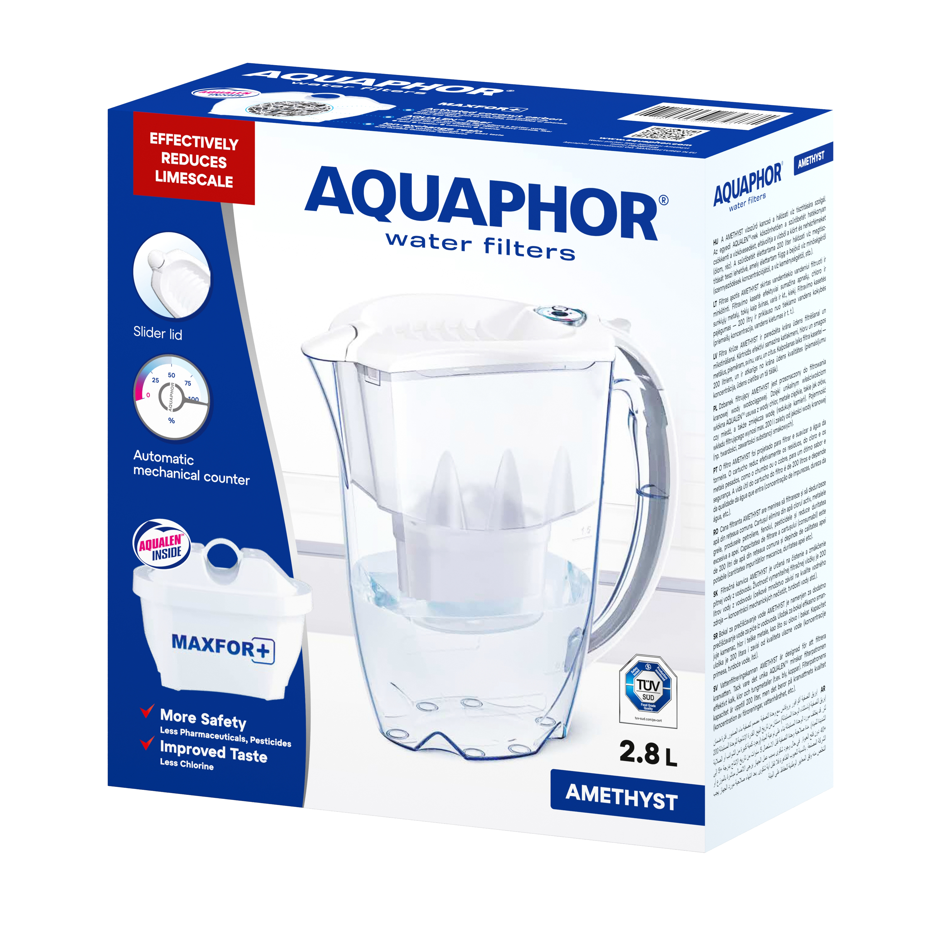 AQUAPHOR Amethyst Maxfor+ Caraffa Filtrante 2,8 L | Coperchio Scorrevole | Contatore Meccanico | 200 L