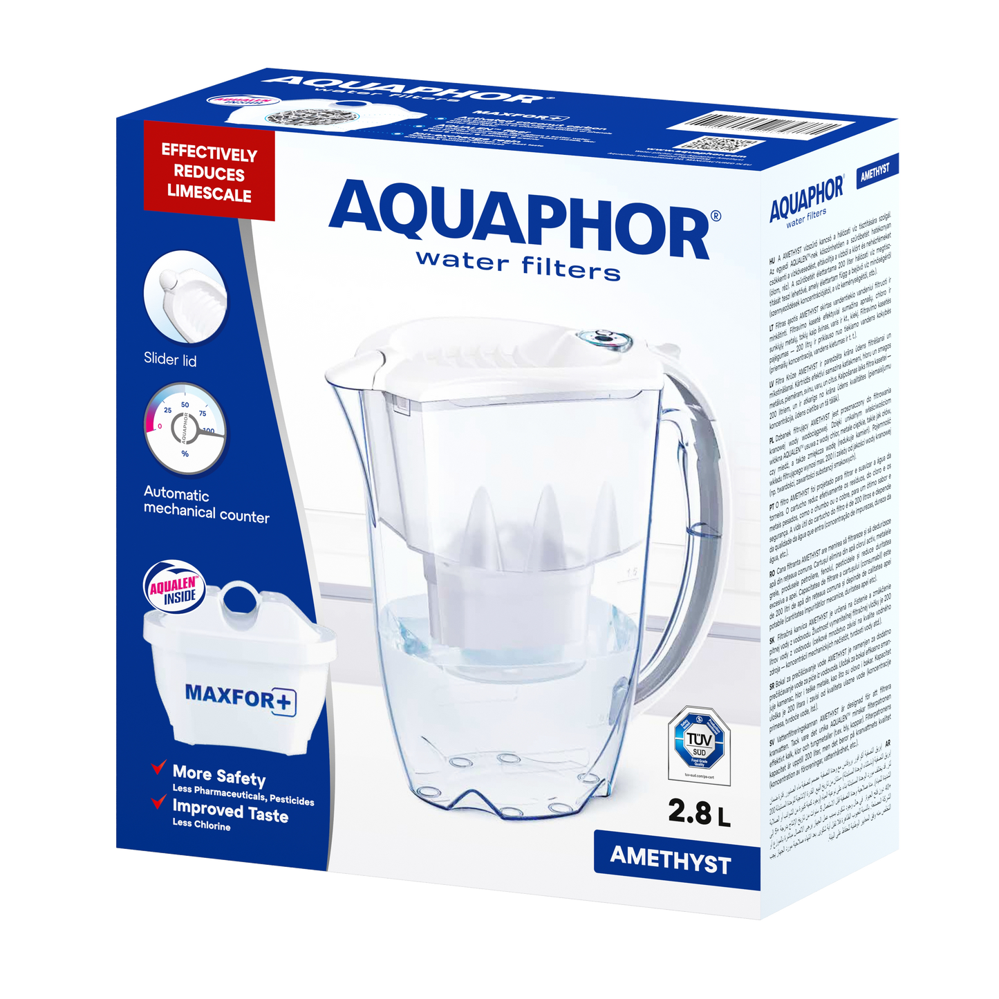 AQUAPHOR Amethyst Maxfor+ Caraffa Filtrante 2,8 L | Coperchio Scorrevole | Contatore Meccanico | 200 L