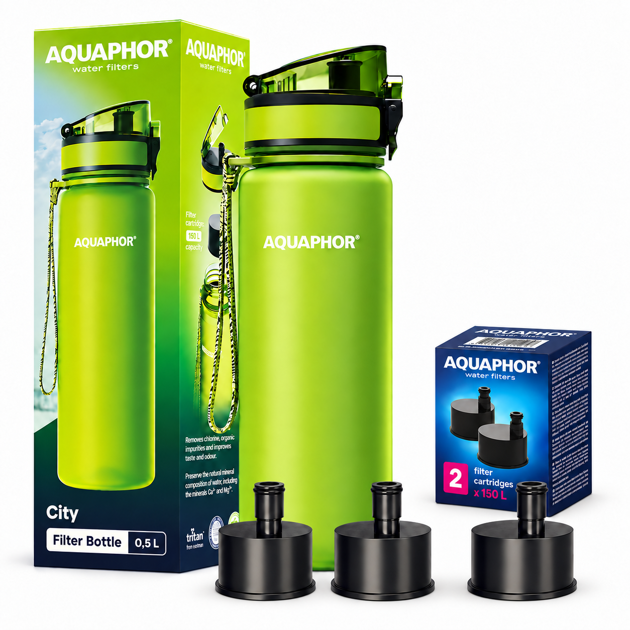 Kit AQUAPHOR City 0,5 L borraccia Filtrante con 3 Cartucce, fino a 450 L