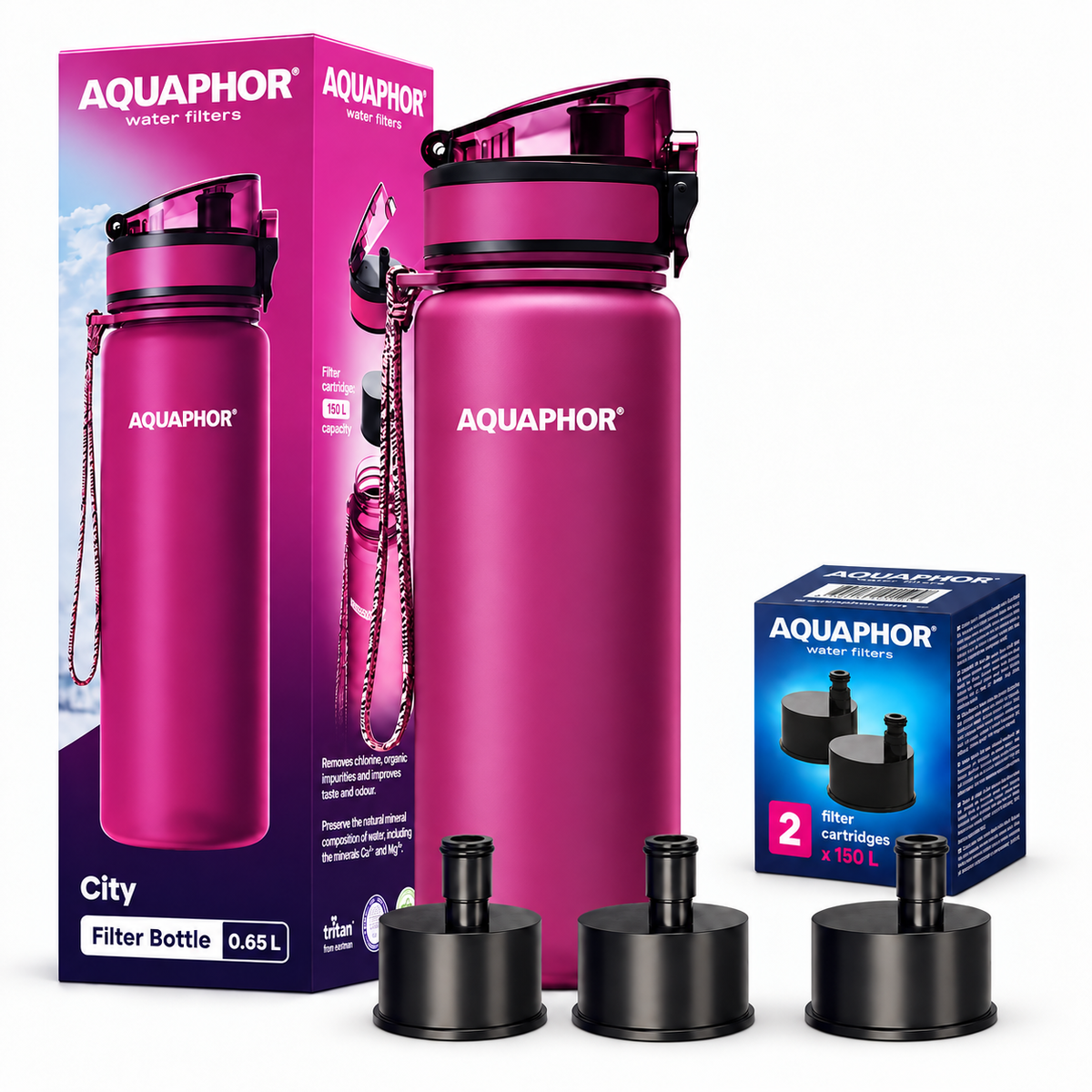 Kit AQUAPHOR City 0,65 L borraccia Filtrante con 3 Cartucce, fino a 450 L