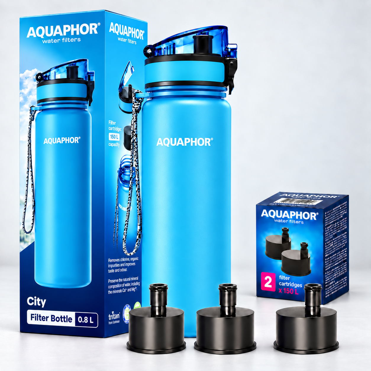 Kit AQUAPHOR City 0,8 L borraccia Filtrante con 3 Cartucce, fino a 450 L