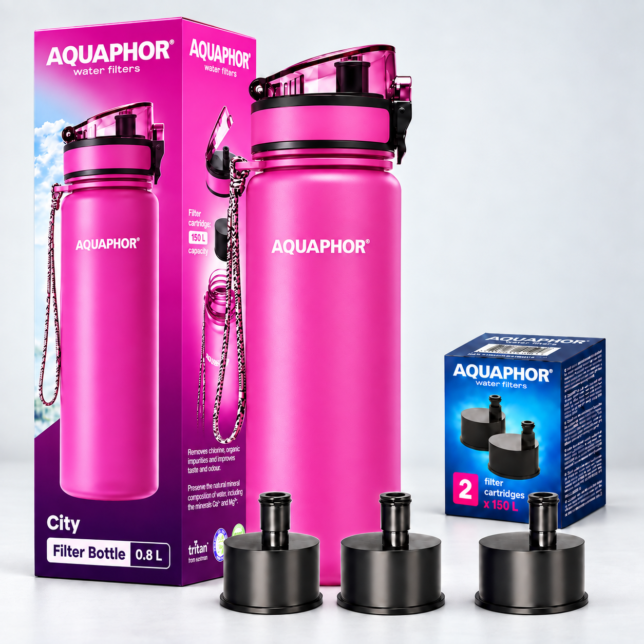 Kit AQUAPHOR City 0,8 L borraccia Filtrante con 3 Cartucce, fino a 450 L