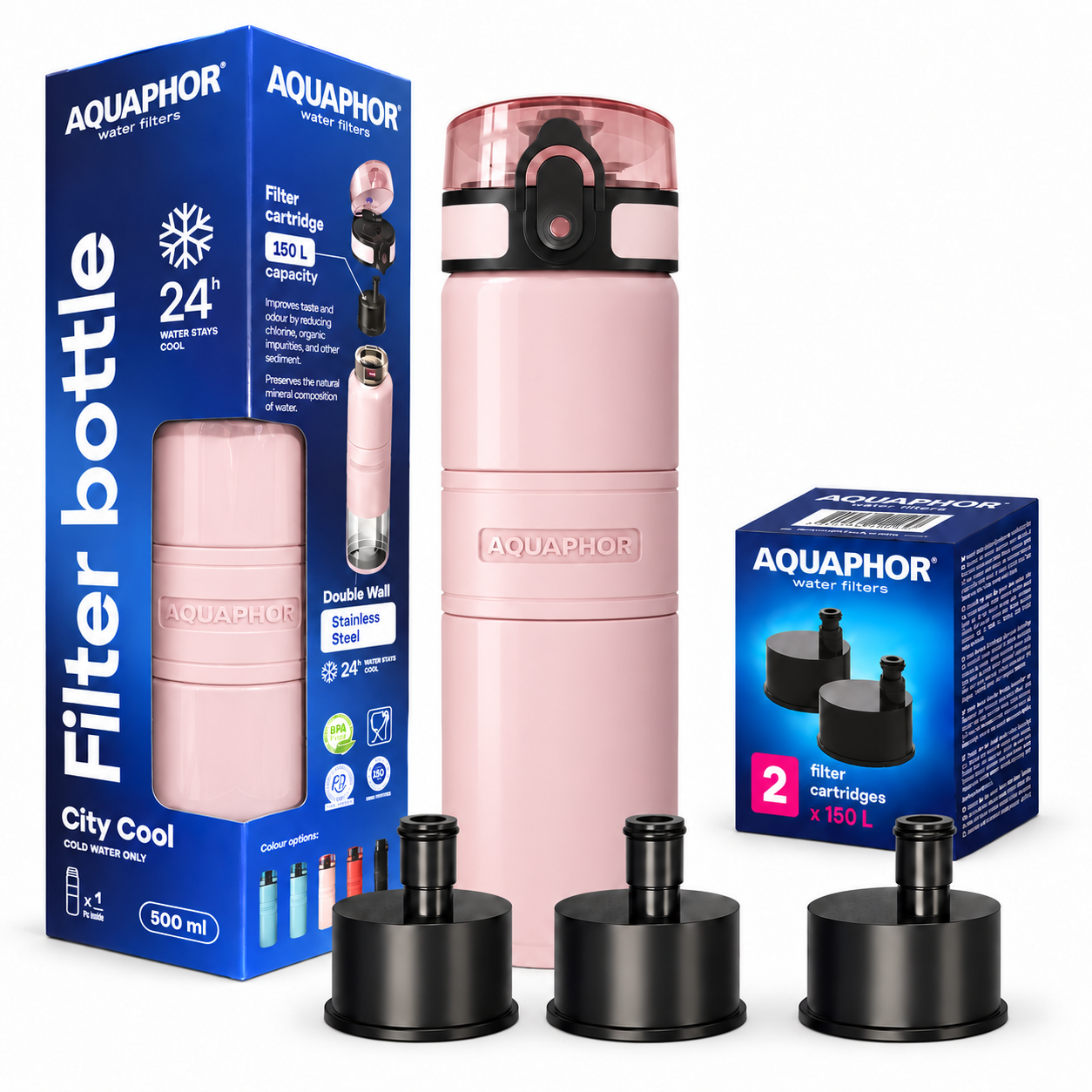 Kit AQUAPHOR City Cool 0,5 L borraccia Filtrante con 3 Cartucce, fino a 450 L
