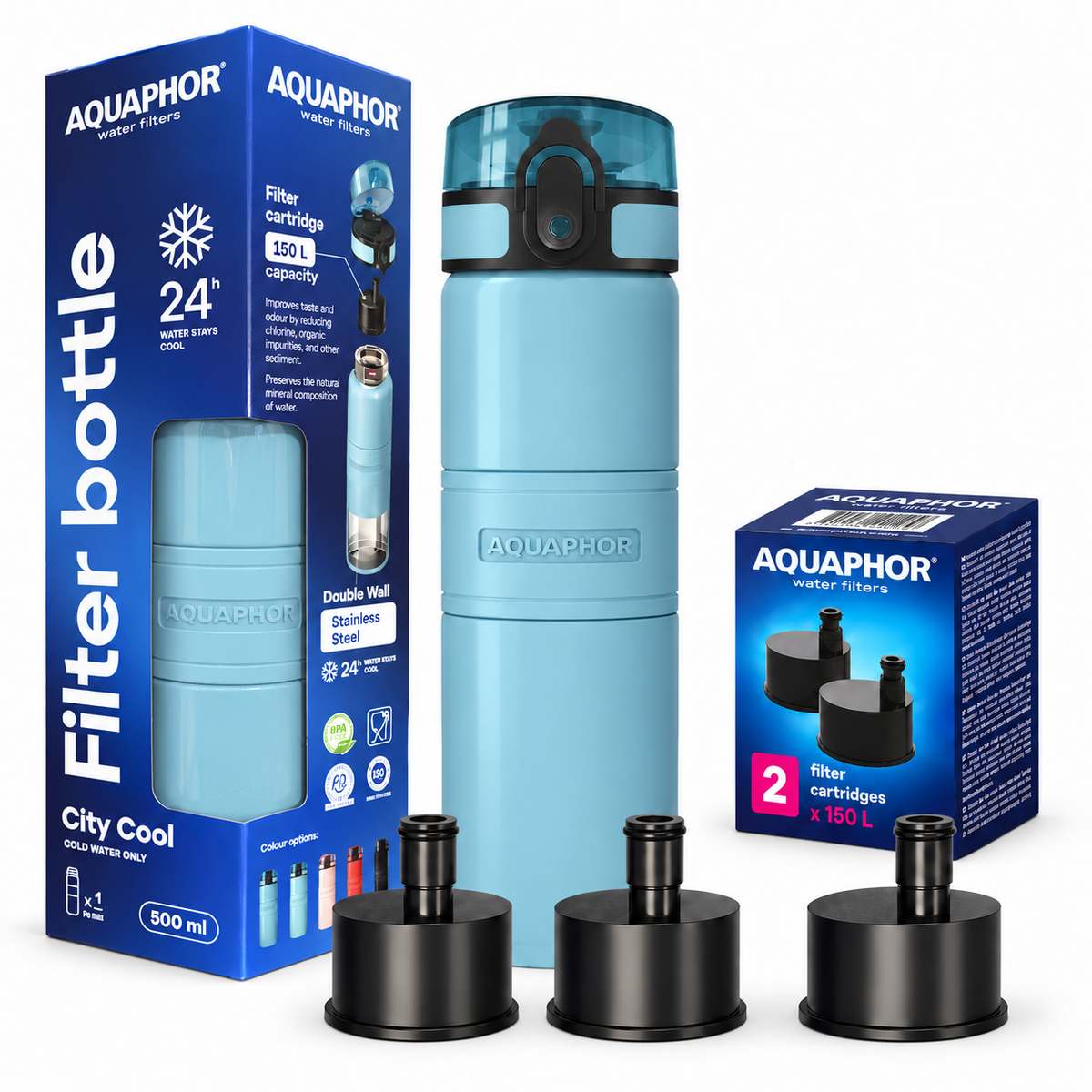 Kit AQUAPHOR City Cool 0,5 L borraccia Filtrante con 3 Cartucce, fino a 450 L