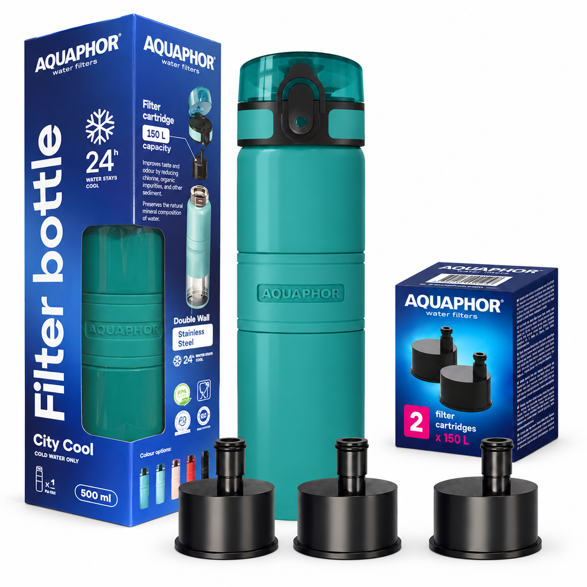 Kit AQUAPHOR City Cool 0,5 L borraccia Filtrante con 3 Cartucce, fino a 450 L