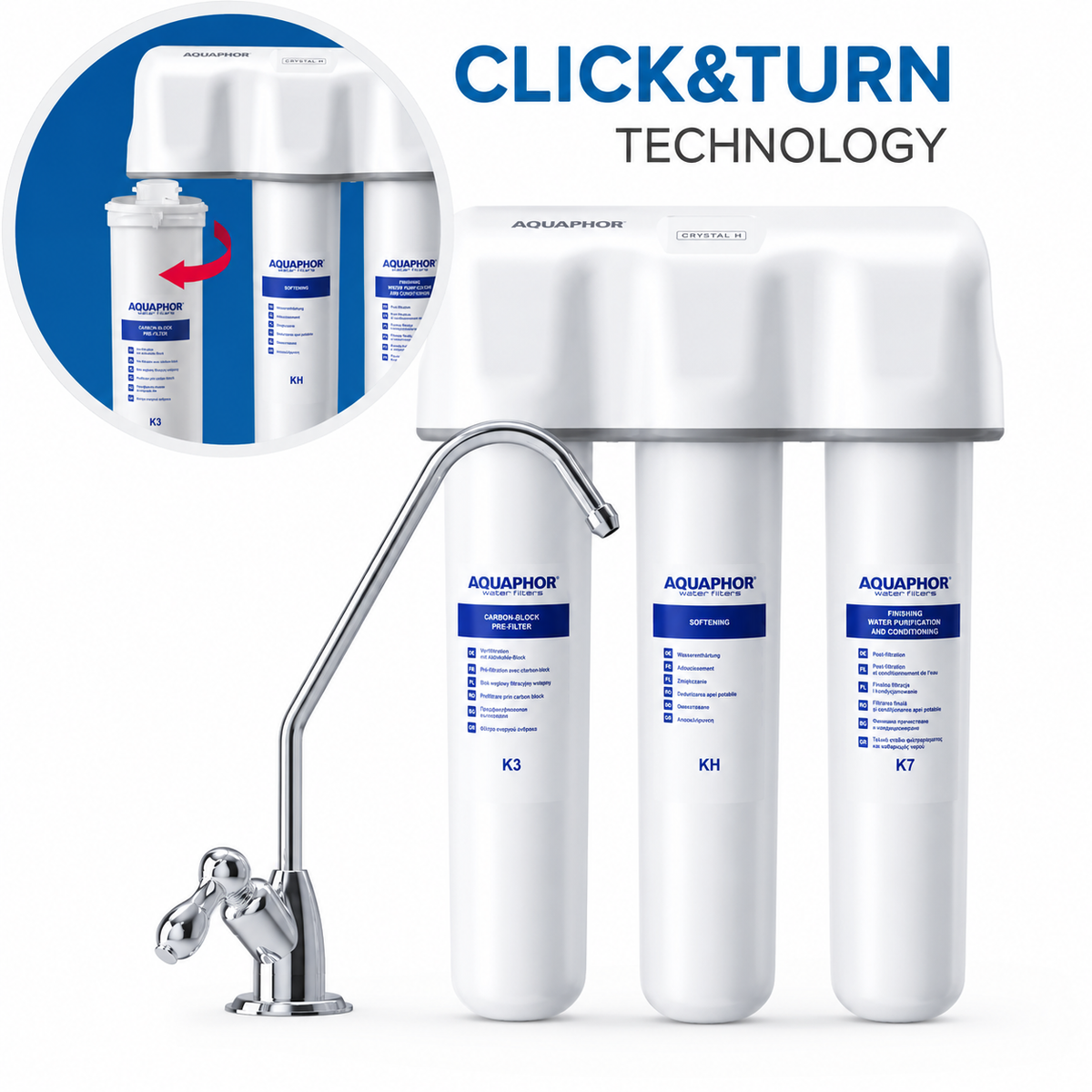 AQUAPHOR Crystal H – Depuratore Acqua Sottolavello Anticalcare con Set Ricambio K3 + KH + K7