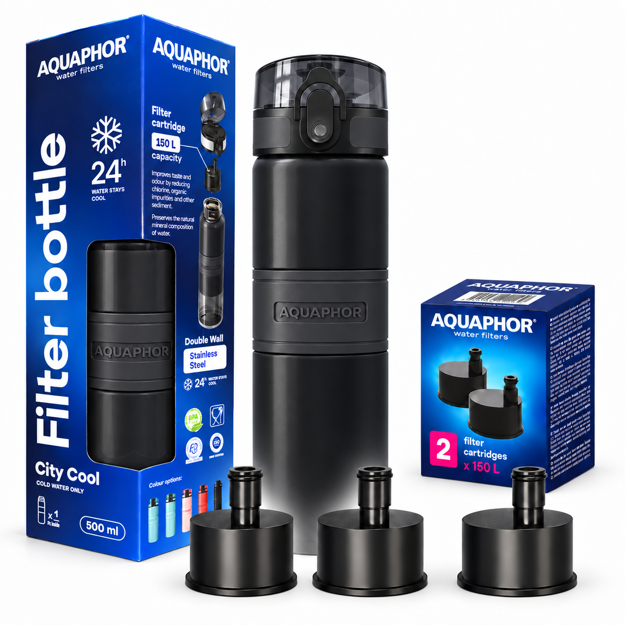 Kit AQUAPHOR City Cool 0,5 L borraccia Filtrante con 3 Cartucce, fino a 450 L (копия)