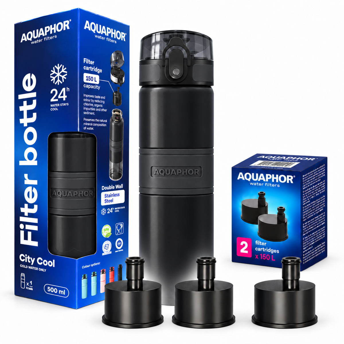 Kit AQUAPHOR City Cool 0,5 L borraccia Filtrante con 3 Cartucce, fino a 450 L (копия)