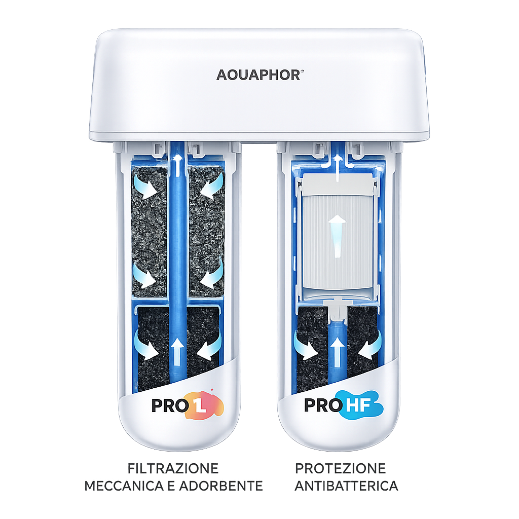 AQUAPHOR DUO HF PRO Sistema Sottolavello Compatto con Protezione Antibatterica | 0,1 Micron | 3000 L