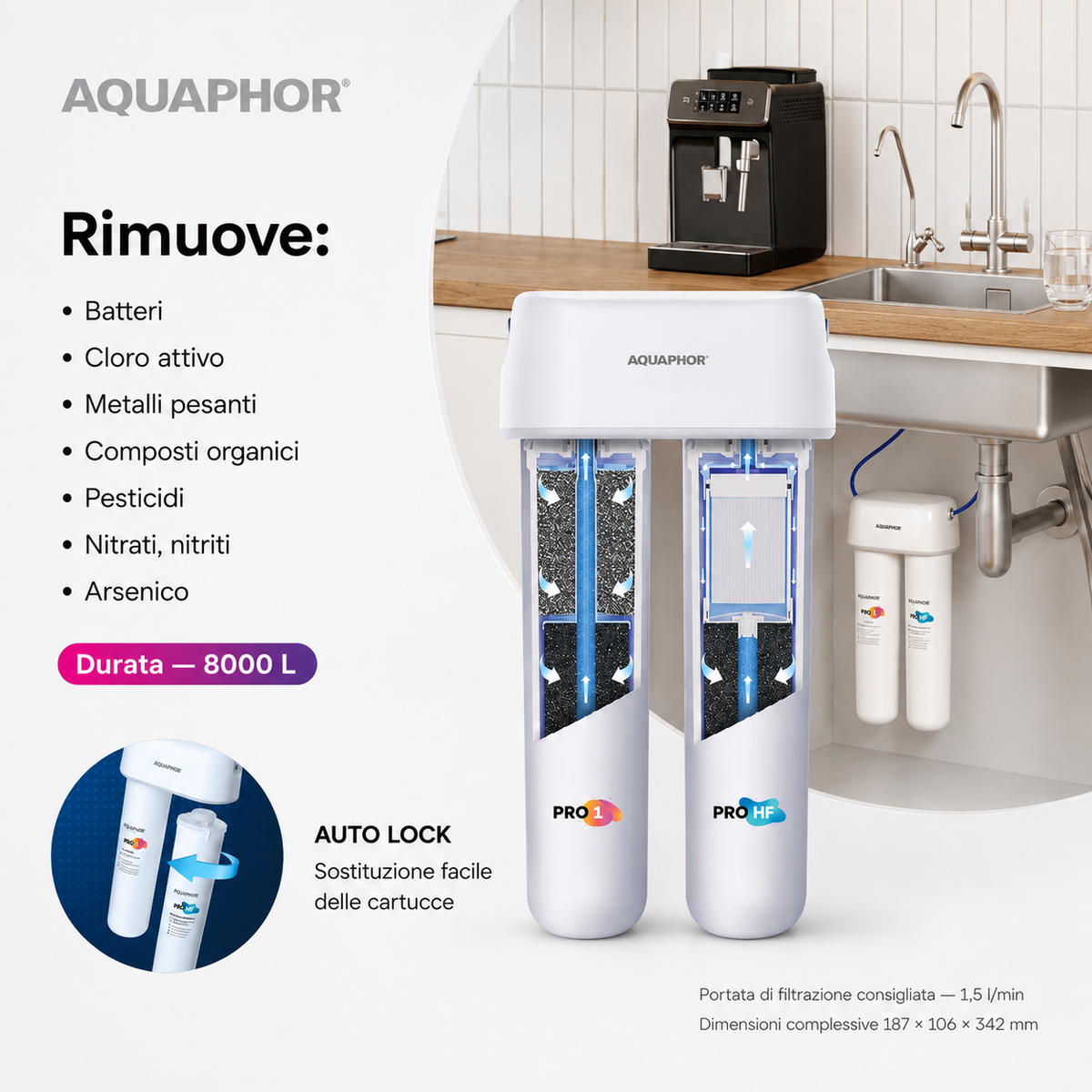 AQUAPHOR Duo HF Pro – Depuratore Acqua Sottolavello con Ultrafiltrazione e Set Ricambio Pro 1 + Pro HF