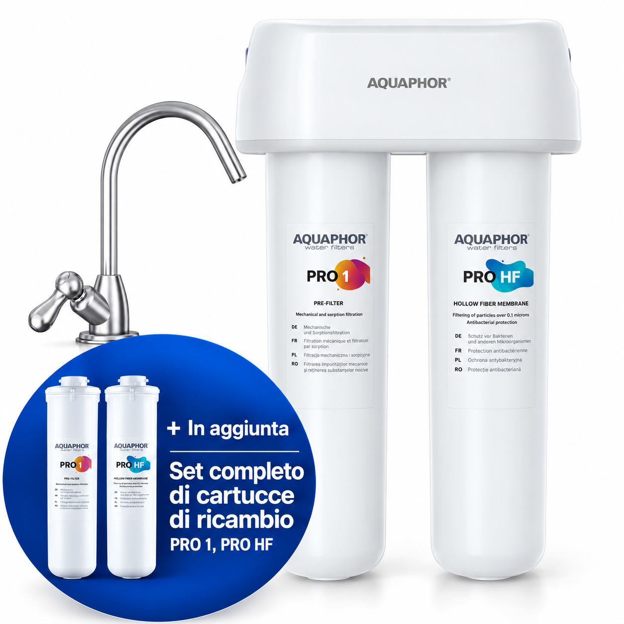 AQUAPHOR Duo HF Pro – Depuratore Acqua Sottolavello con Ultrafiltrazione e Set Ricambio Pro 1 + Pro HF