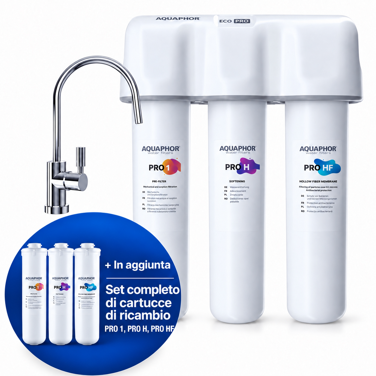AQUAPHOR ECO H Pro – Depuratore Acqua Sottolavello Anticalcare con Set Ricambio Pro 1 + Pro H + Pro HF