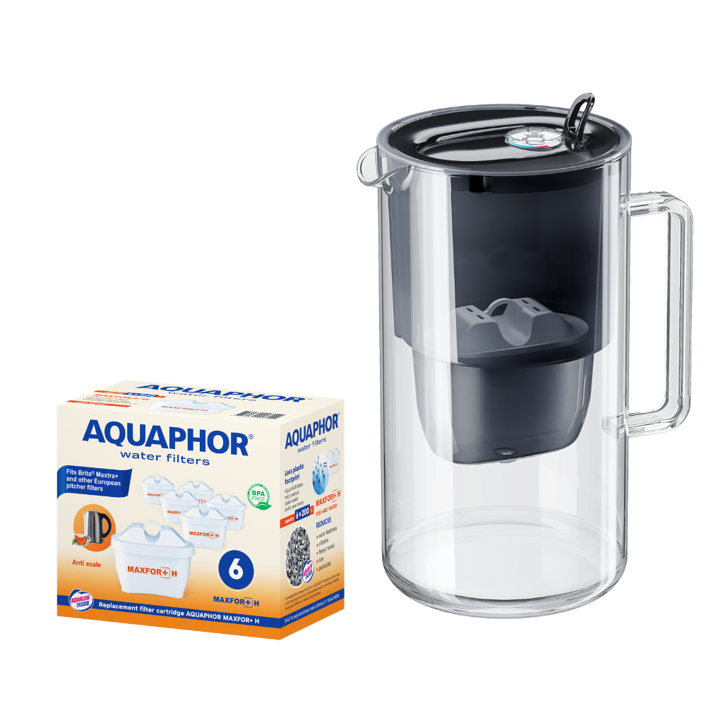 Caraffa filtrante in vetro nero AQUAPHOR Glass + 6 cartucce Maxfor+H | Kit acqua filtrata anticalcare fino a 1400 L