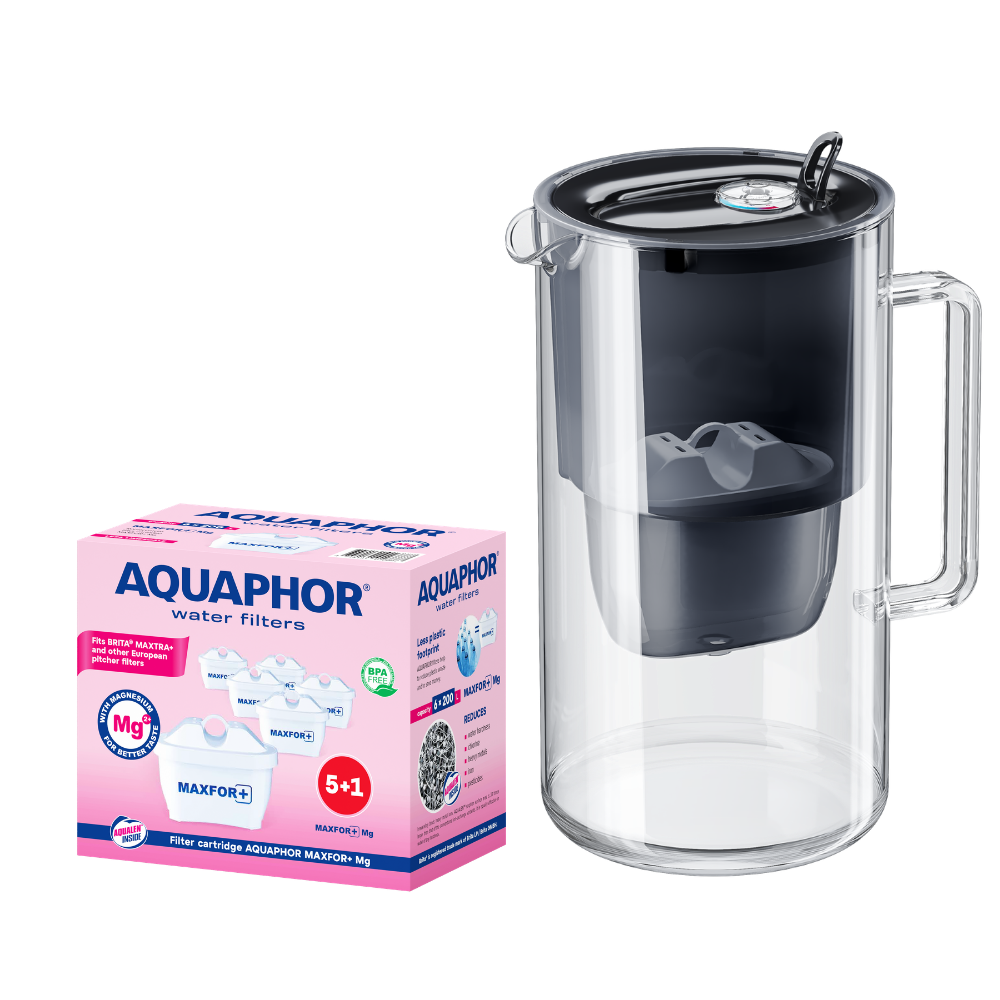 Caraffa filtrante in vetro nero AQUAPHOR Glass + 6 cartucce Maxfor+Mg | Kit acqua filtrata al magnesio fino a 1400 L