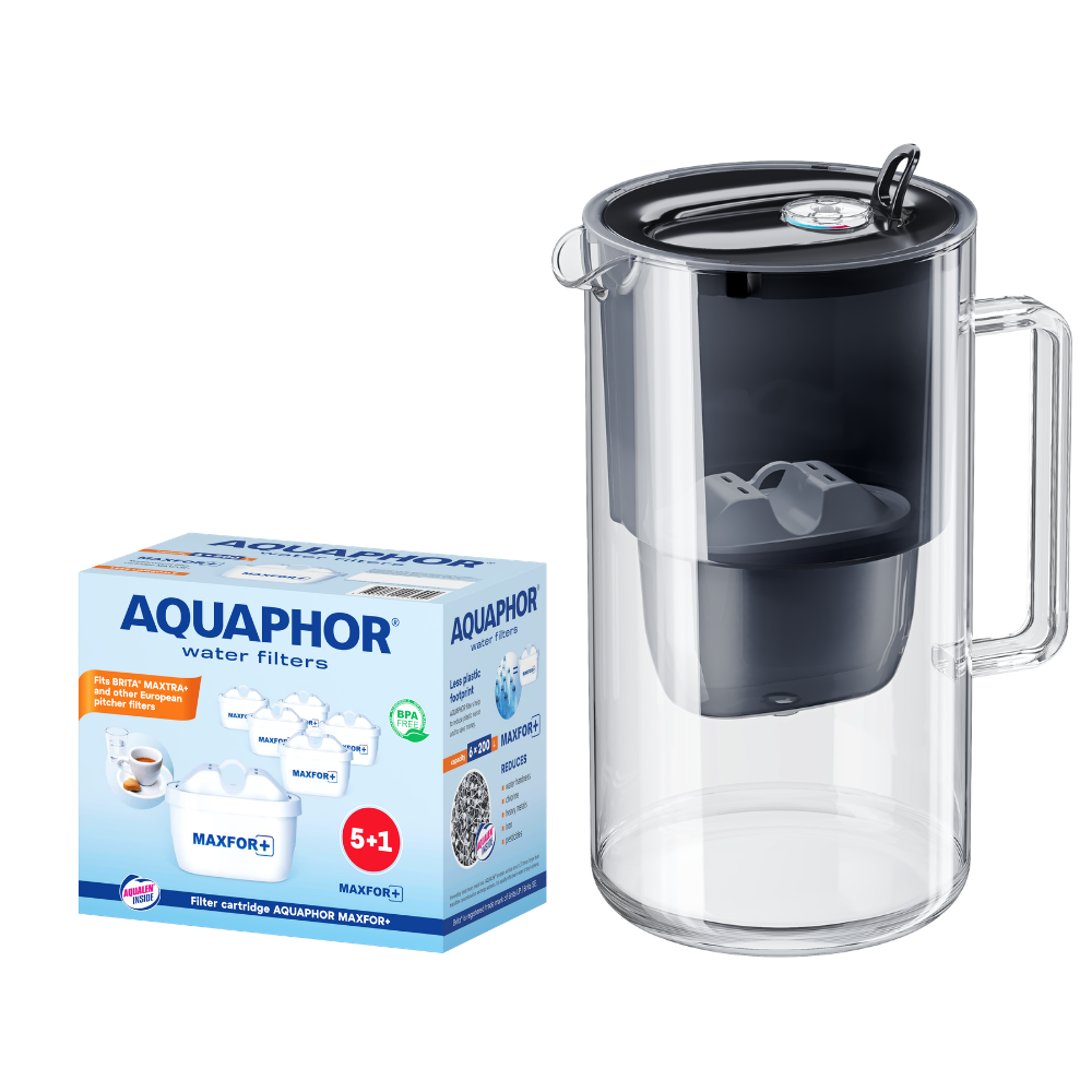 Caraffa filtrante in vetro nero AQUAPHOR Glass + 6 cartucce Maxfor+| Kit acqua filtrata fino a 1400 L