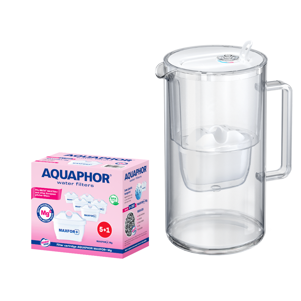 Caraffa filtrante in vetro bianco AQUAPHOR Glass + 6 cartucce Maxfor+Mg | Kit acqua filtrata al magnesio fino a 1400 L