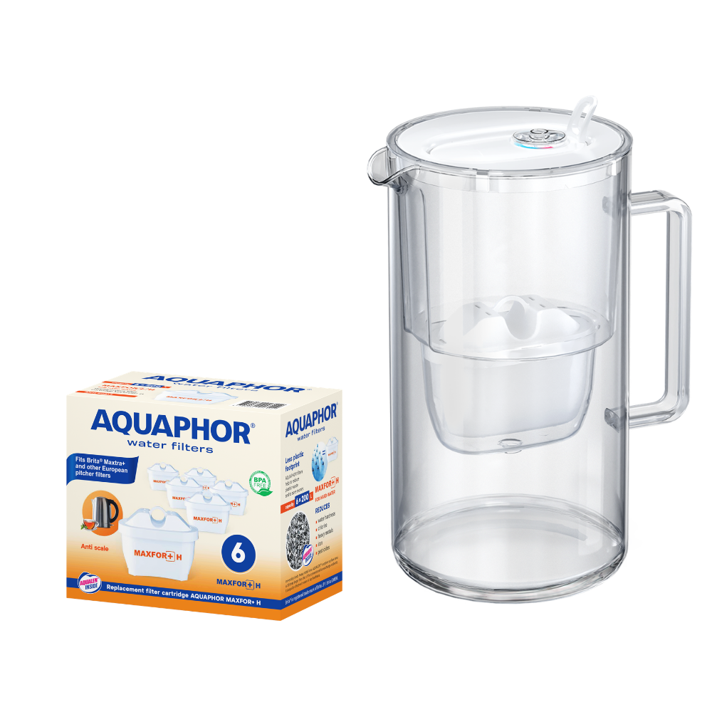 Caraffa filtrante in vetro bianco AQUAPHOR Glass + 6 cartucce Maxfor+H | Kit acqua filtrata anticalcare fino a 1400 L