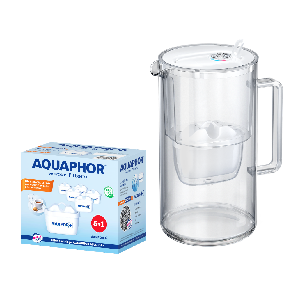 Caraffa filtrante in vetro bianco AQUAPHOR Glass + 6 cartucce Maxfor+| Kit acqua filtrata fino a 1400 L
