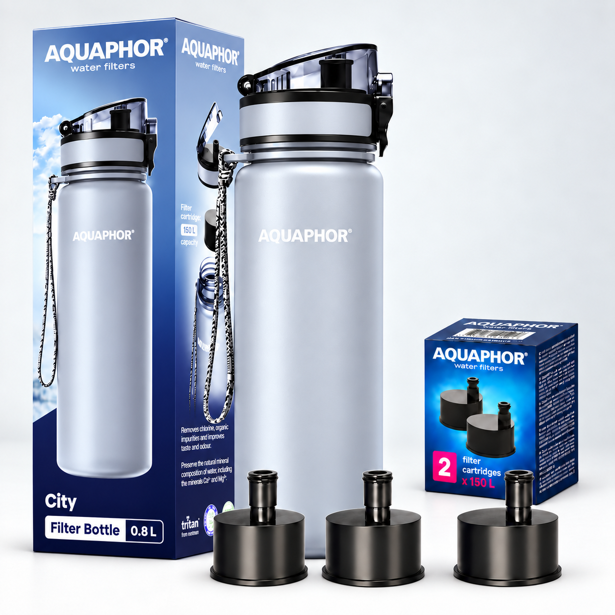 Kit AQUAPHOR City 0,8 L borraccia Filtrante con 3 Cartucce, fino a 450 L