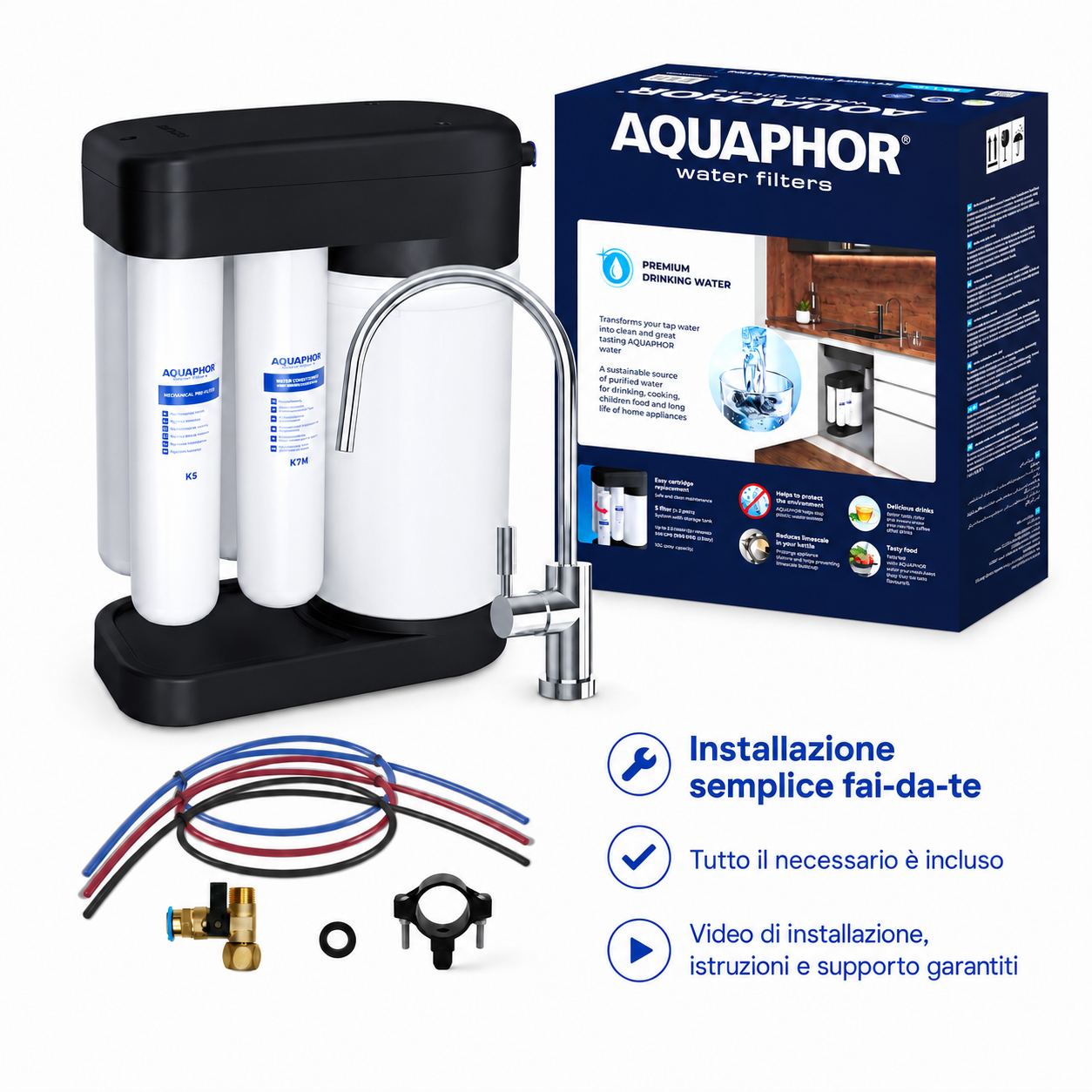 Depuratore AQUAPHOR RO-102S con K5 + K2 + K7M – Sistema a Osmosi Inversa con Kit Ricambio 12 Mesi