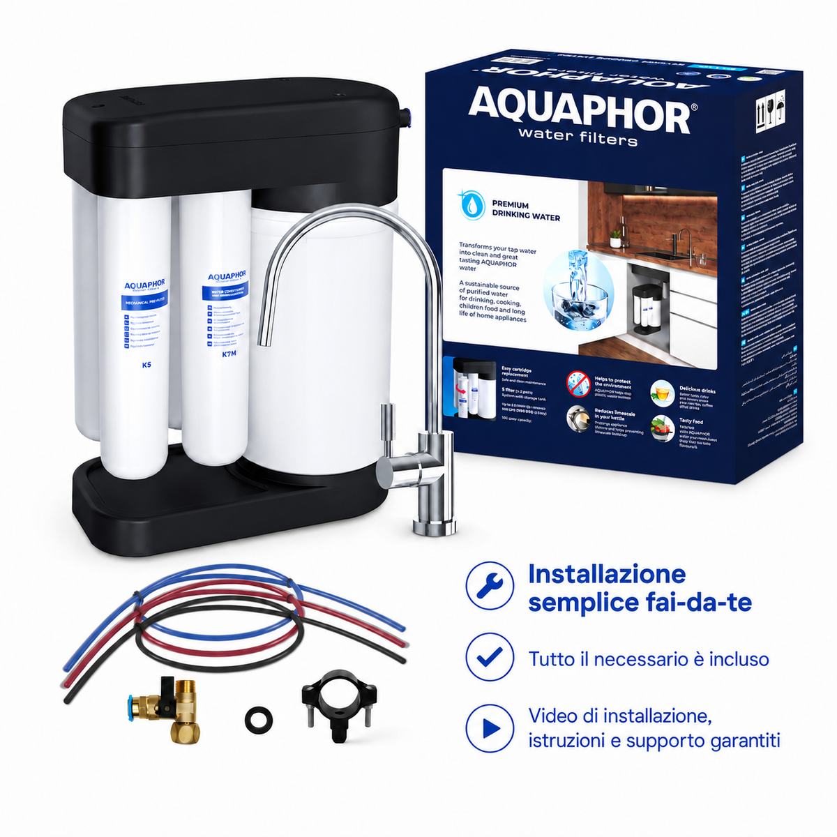 Depuratore AQUAPHOR RO-102S con K5 + K2 + K7M – Sistema a Osmosi Inversa con Kit Ricambio 12 Mesi