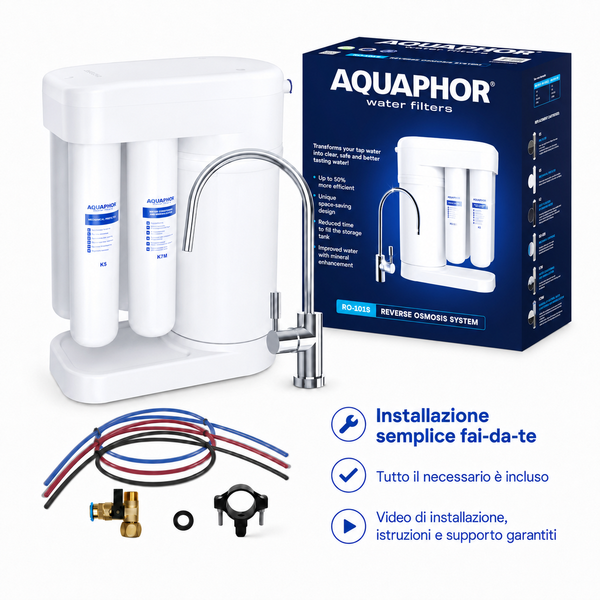 Depuratore AQUAPHOR RO-101S con K5 + K2 + K7M – Sistema a Osmosi Inversa con Kit Ricambio 12 Mesi