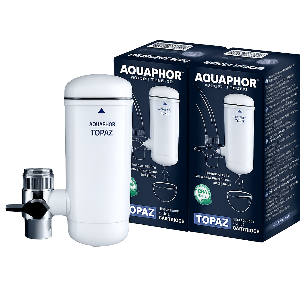 AQUAPHOR Topaz tap filter + 2 cartridges | Compact drinking water kit up to 2250 L