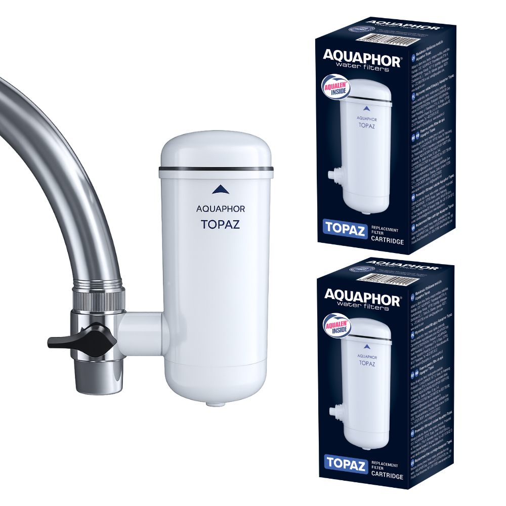Filtro da rubinetto AQUAPHOR Topaz + 2 cartucce | Kit compatto per acqua da bere fino a 2250 L