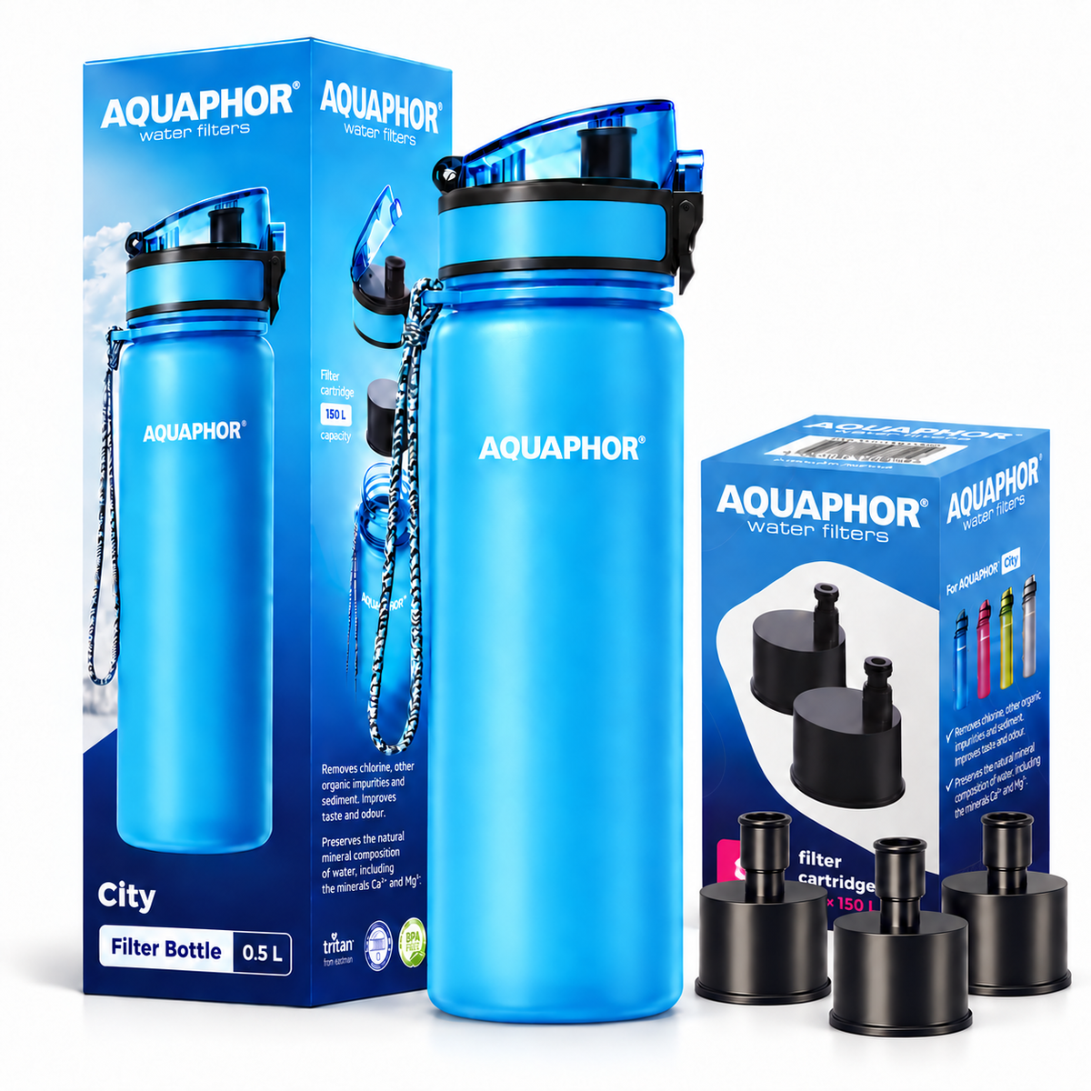 Kit AQUAPHOR City 0,5 L borraccia Filtrante con 3 Cartucce, fino a 450 L