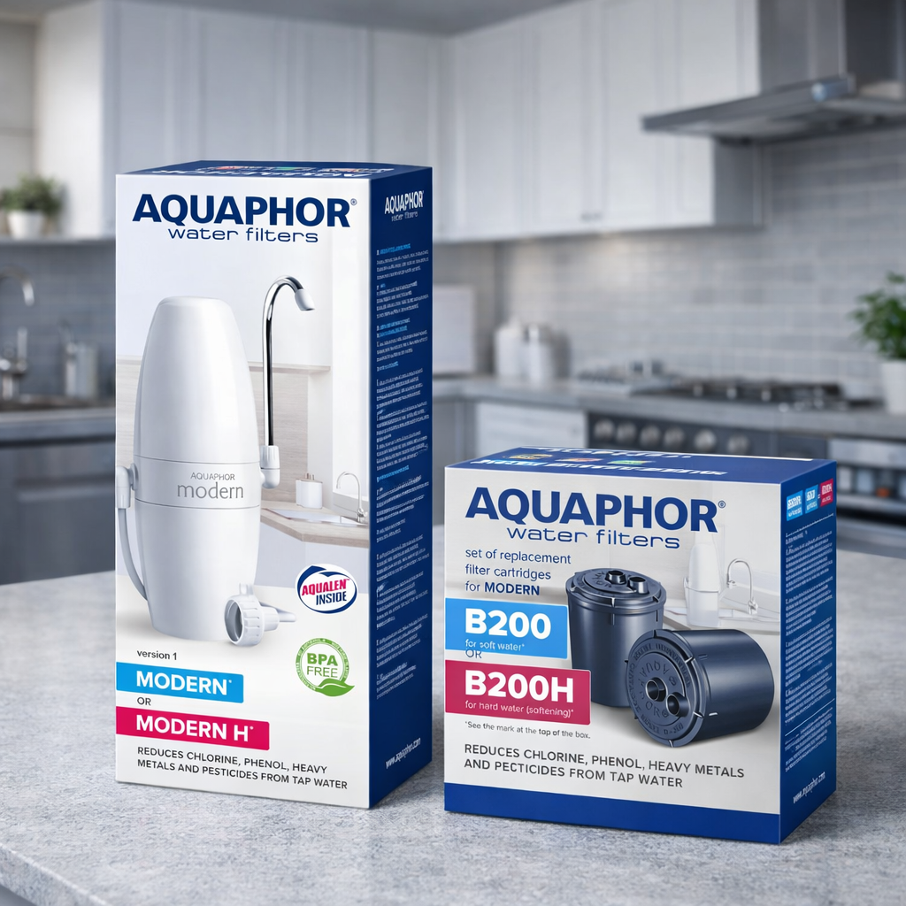 Tap filter AQUAPHOR Modern H + B200H cartridge | Anti-limescale kit for hard water up to 2000 L