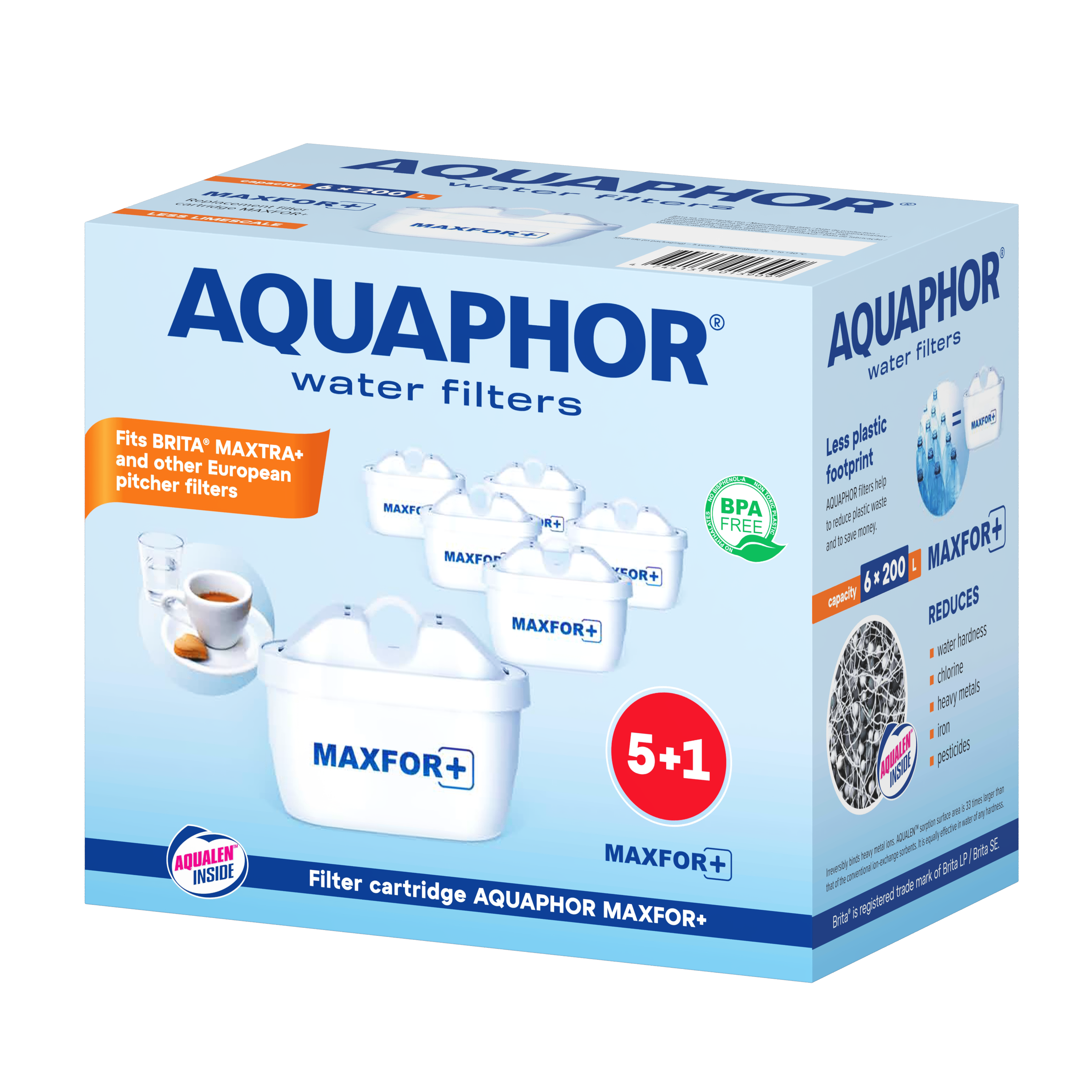 AQUAPHOR MAXFOR+ Filter Cartridges Compatible with BRITA MAXTRA+ Type Systems. Pack of 6
