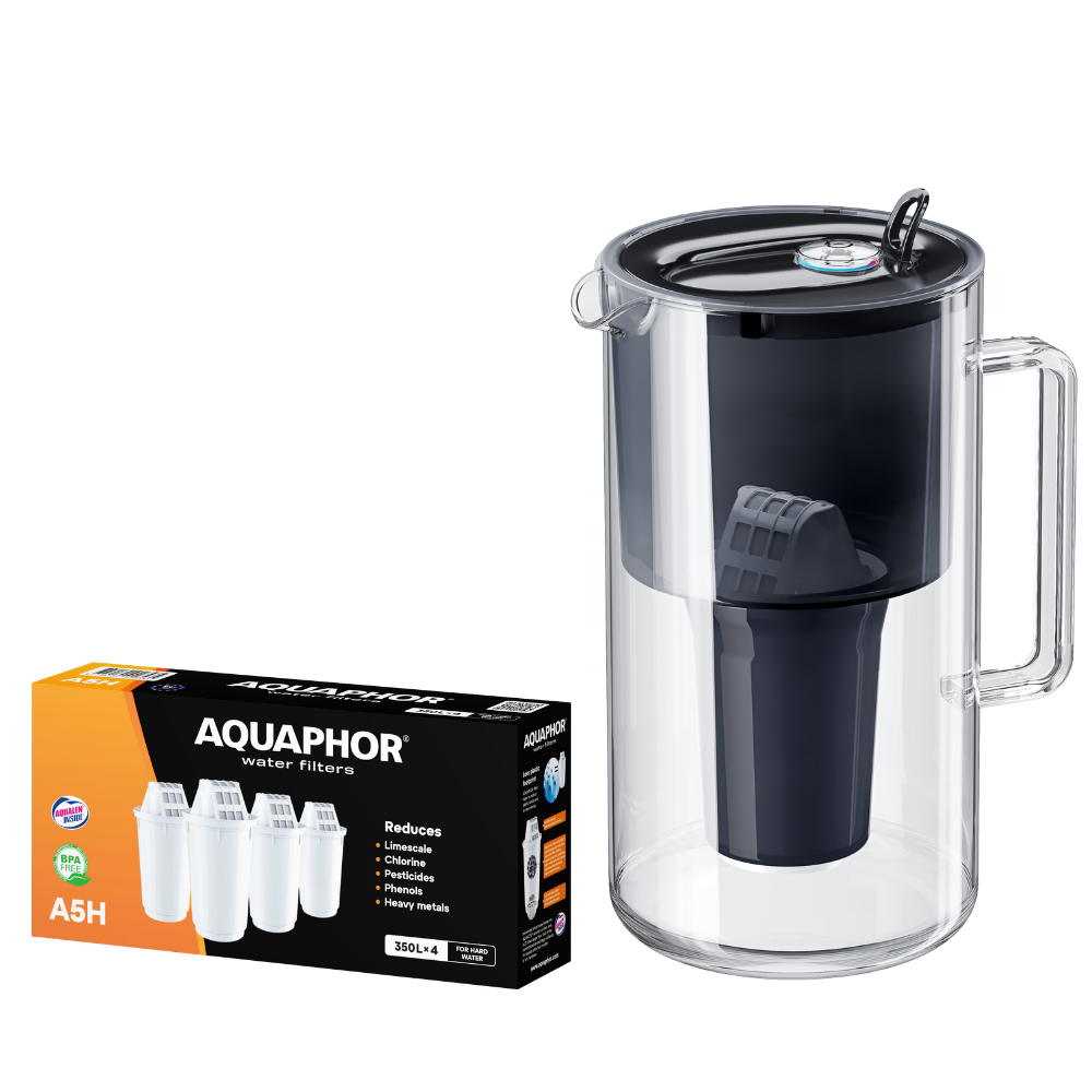 Caraffa filtrante in vetro nero AQUAPHOR Nord + 4 cartucce A5H | Kit acqua filtrata anticalcare fino a 1750 L