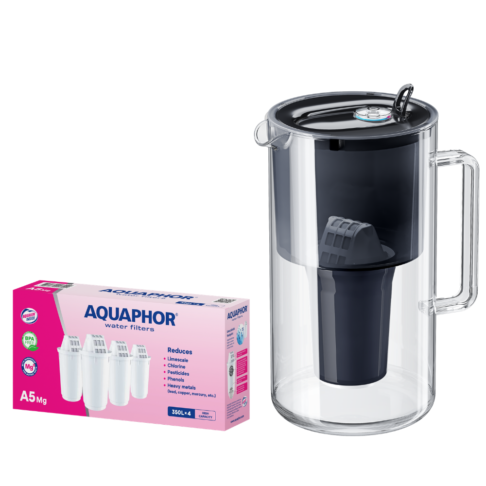 Caraffa filtrante in vetro nero AQUAPHOR Nord  + 4 cartucce A5 Mg |Kit acqua filtrata al magnesio fino a 1750 L