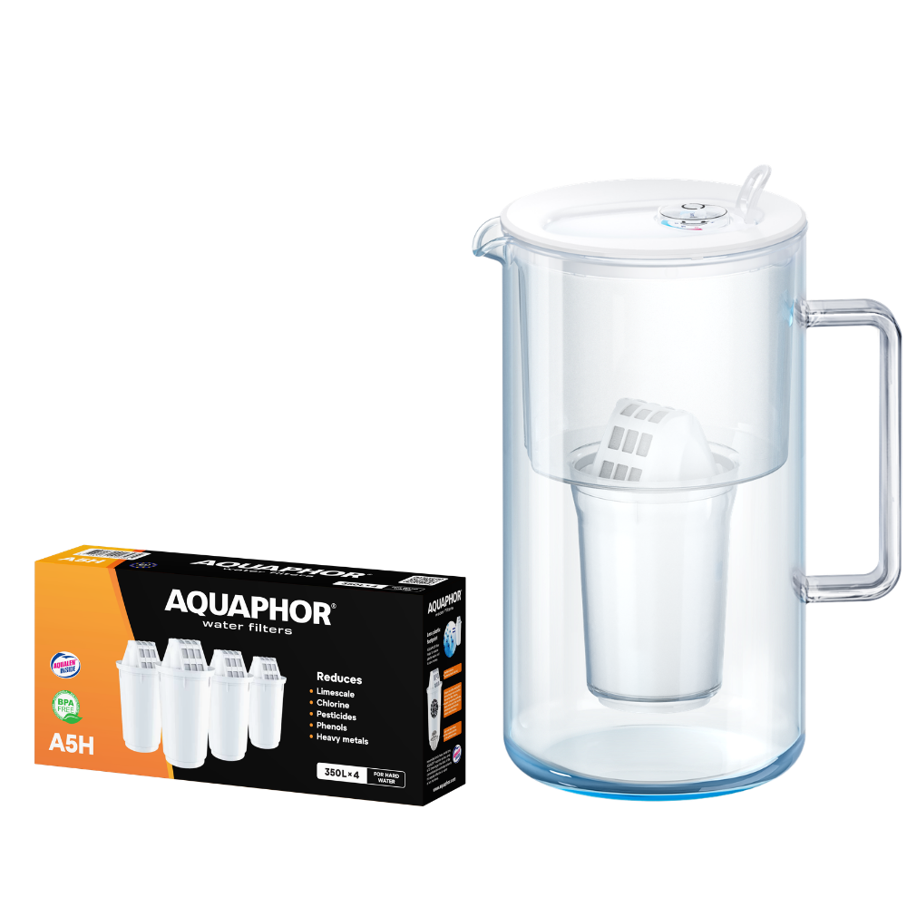 Caraffa filtrante in vetro bianca AQUAPHOR Nord + 4 cartucce A5H | Kit acqua filtrata anticalcare fino a 1750 L