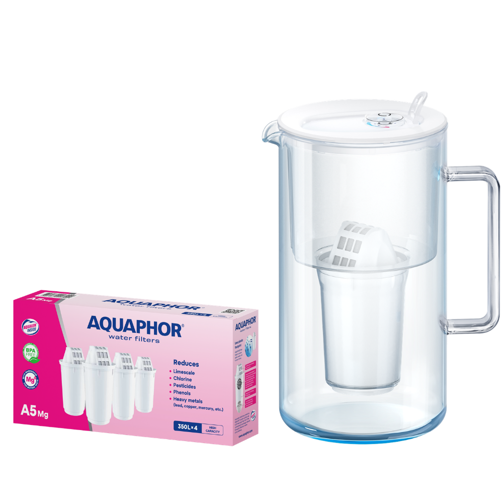 Caraffa filtrante in vetro bianca AQUAPHOR Nord + 4 cartucce A5 Mg | Kit acqua filtrata al magnesio fino a 1750 L