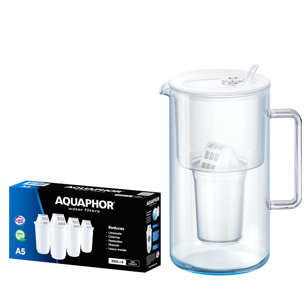Caraffa filtrante in vetro bianca AQUAPHOR Nord + 4 cartucce A5 | Kit acqua filtrata fino a 1750 L